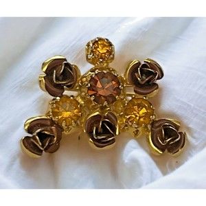 Vintage Signed Made in Austria Brooch Estate Amber Rhinestone Flower Pin